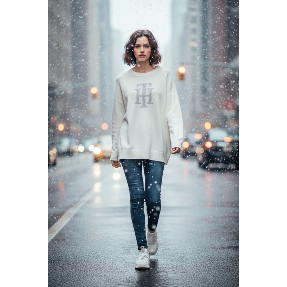 Women's Tommy Hilfiger White & Silver Logo Crew Neck Knit Sweater XL NWOT